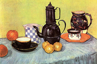 Still Life with Blue Enamel Coffeepot, Earthenware and Fruit