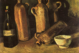 Still Life with Four Stone Bottles, Flask and White Cup