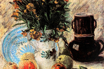 Vase with Flowers, Coffeepot and Fruit