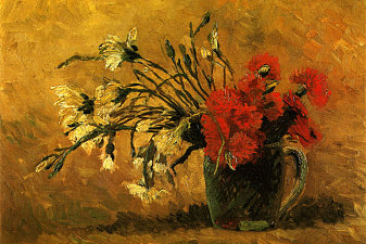 Vase with Red and White Carnations on a Yellow Background