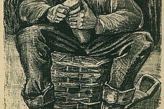 Workman Sitting on a Basket, Cutting Bread